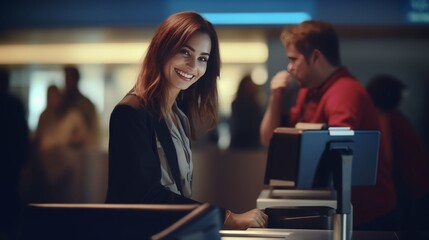 Welcoming female staff member at airport check-in counter assists passengers with a bright smile, blurred travelers in the background