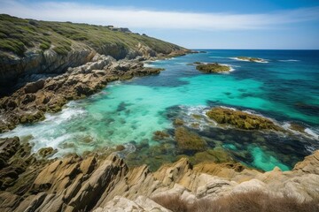 Fototapeta na wymiar Scenic coastal view of clear turquoise ocean and rocky terrain. Generative AI
