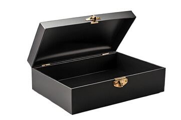 opened black wooden jewelry box in white background