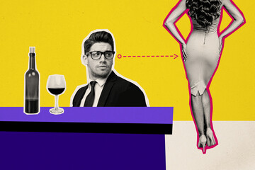 Photo collage of young boyfriend in pub drinking cabernet wine looking girlfriend ass at bar seduce...