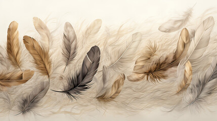Floating Feather Textures in Neutrals Background Ai Generative