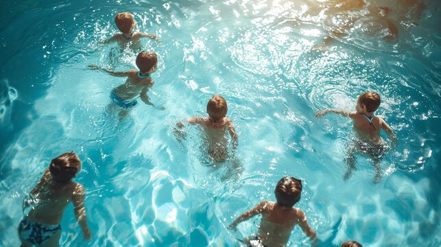 Portrait of little kids having fun in swimming pool in summer with a empty space, Generative AI.