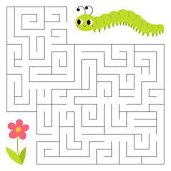 Insects maze game for kids. Cute caterpillar looking for a way to the flower. Printable worksheet with solution for school and preschool.