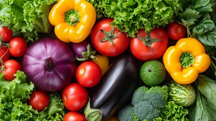 Fresh vegetables close-up on a background of greenery.
Concept: photo wallpaper, gastronomic products, agriculture, restaurant