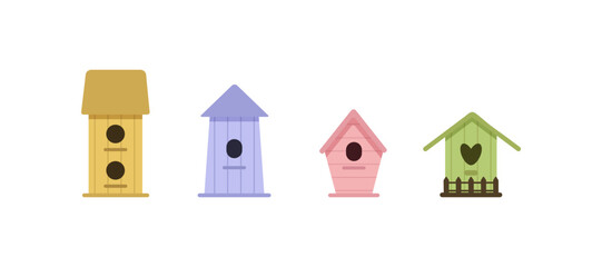 Set of wooden birdhouses.
Woody, blue, pink, green colors.
Collection of houses for feathered animals, bird houses, feeders, nesting places. Vector illustration on a white background, eps 10.