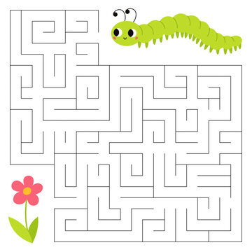 Insects maze game for kids. Cute caterpillar looking for a way to the flower. Printable worksheet with solution for school and preschool.