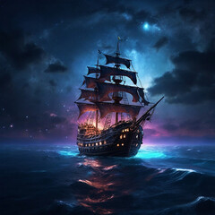 Fototapeta premium Pirate ship sailing into a bioluminescen