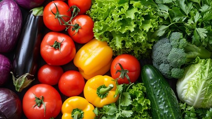 Fresh vegetables close-up on a background of greenery.
Concept: photo wallpaper, gastronomic products, agriculture, restaurant