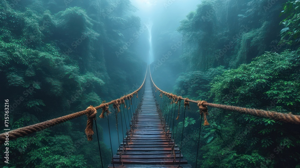 Poster a rope bridge in the middle of a forest with lots of trees on both sides of it and a rope hanging fr