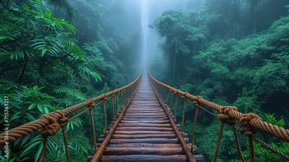 Aufkleber a rope bridge in the middle of a jungle with a waterfall in the back ground and trees on both sides 