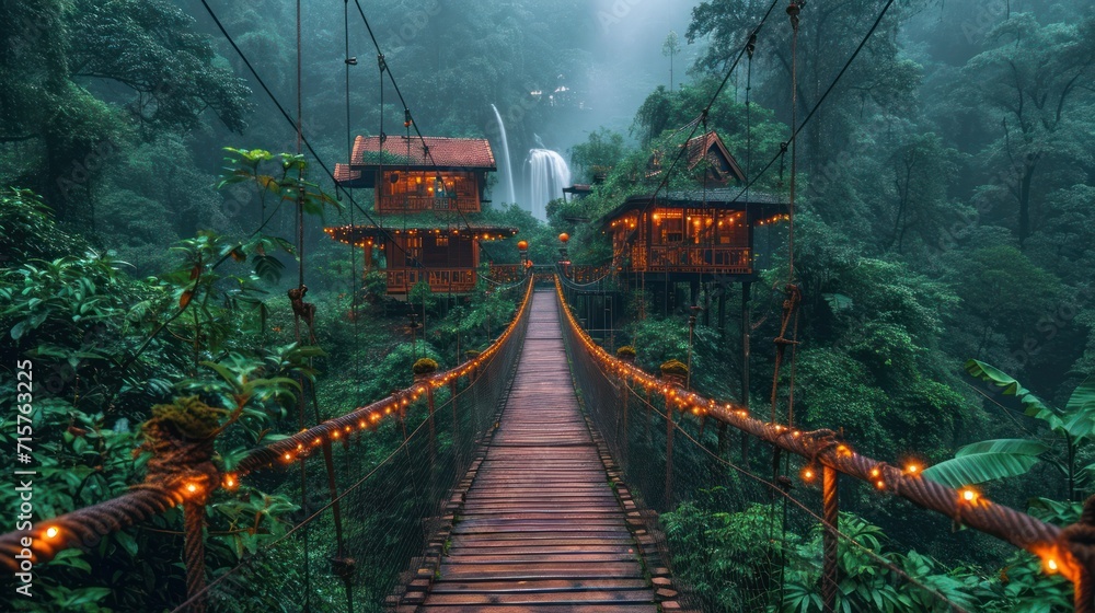 Poster a suspension bridge in the middle of a jungle with a waterfall in the background and lights strung a