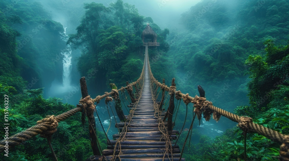 Aufkleber a rope bridge in the middle of a jungle with a bird perched on top of one of the bridges and a water