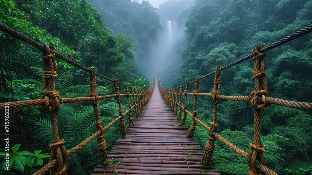 Poster a wooden bridge in the middle of a forest with a waterfall in the background and fog in the air over