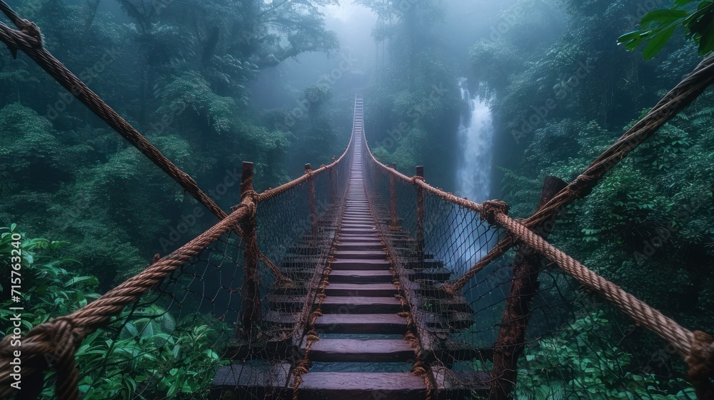 Poster a rope bridge in the middle of a forest with a waterfall in the background and fog in the air above 