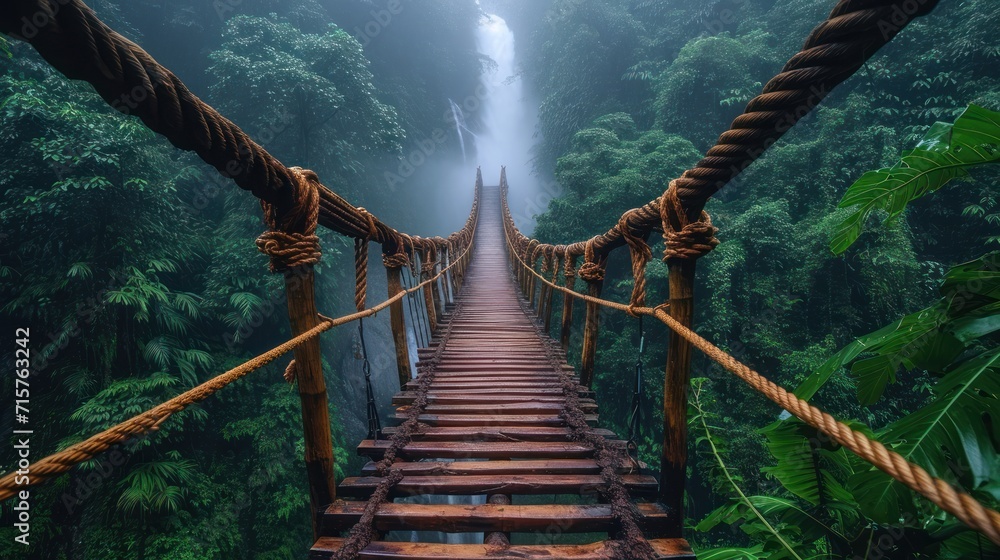 Poster a rope bridge in the middle of a jungle with a waterfall in the background in the middle of the pict