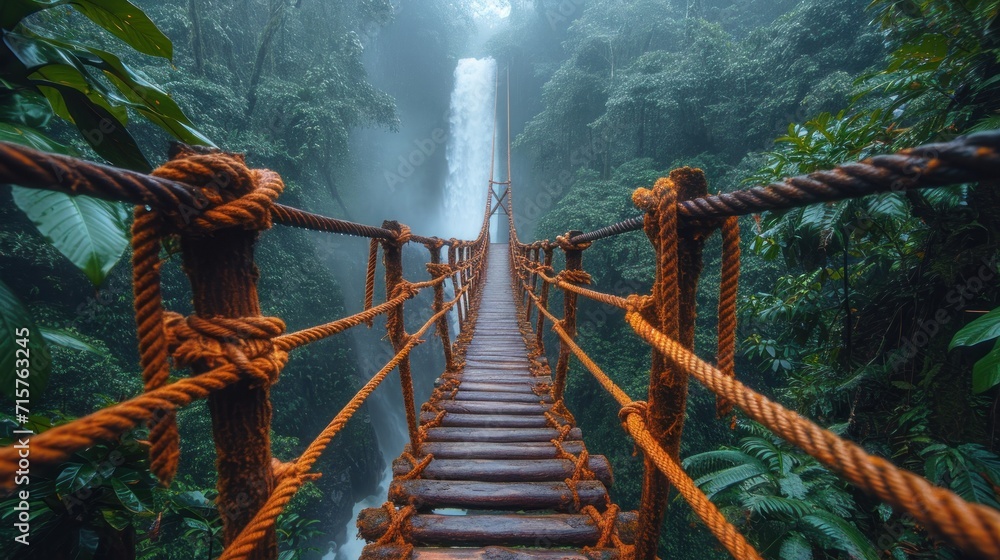 Aufkleber a rope bridge in the middle of a jungle with a waterfall in the back ground and trees on both sides 