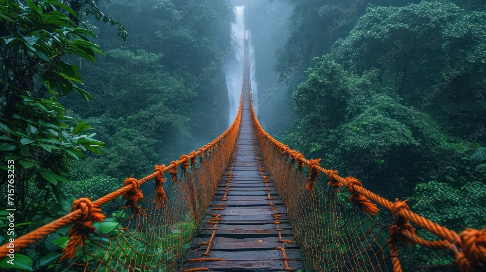 Poster a suspension bridge in the middle of a forest with a waterfall in the background and fog hanging ove