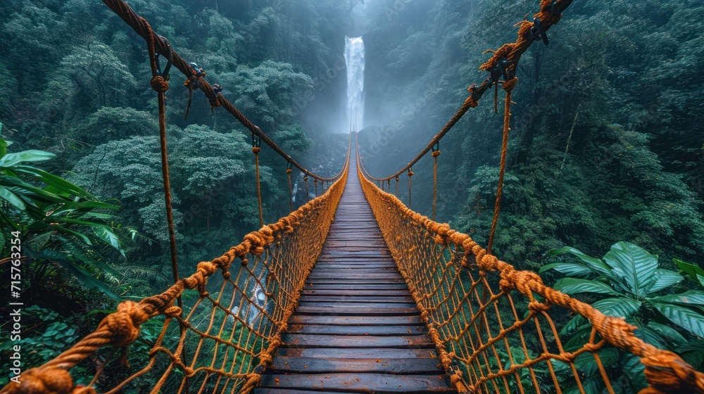 Poster a suspension bridge in the middle of a jungle with a waterfall in the background and trees on both s