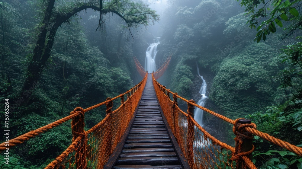Poster a suspension bridge in the middle of a forest with a waterfall on the other side of the bridge and t