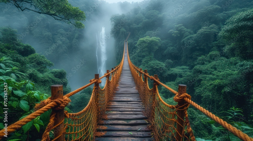 Aufkleber a rope bridge in the middle of a jungle with a waterfall in the background and fog in the air above 