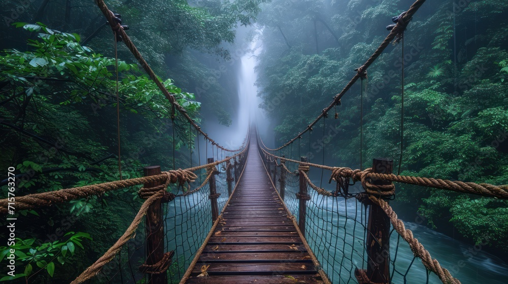 Poster a suspension bridge in the middle of a forest with a waterfall in the background and fog hanging fro