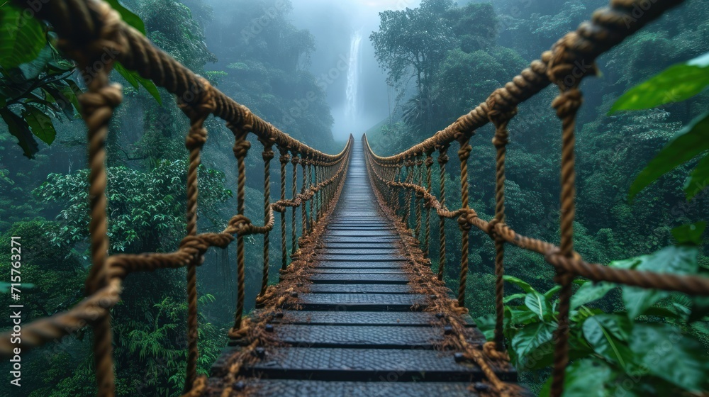Poster a rope bridge in the middle of a jungle with a waterfall in the back ground and trees on both sides 