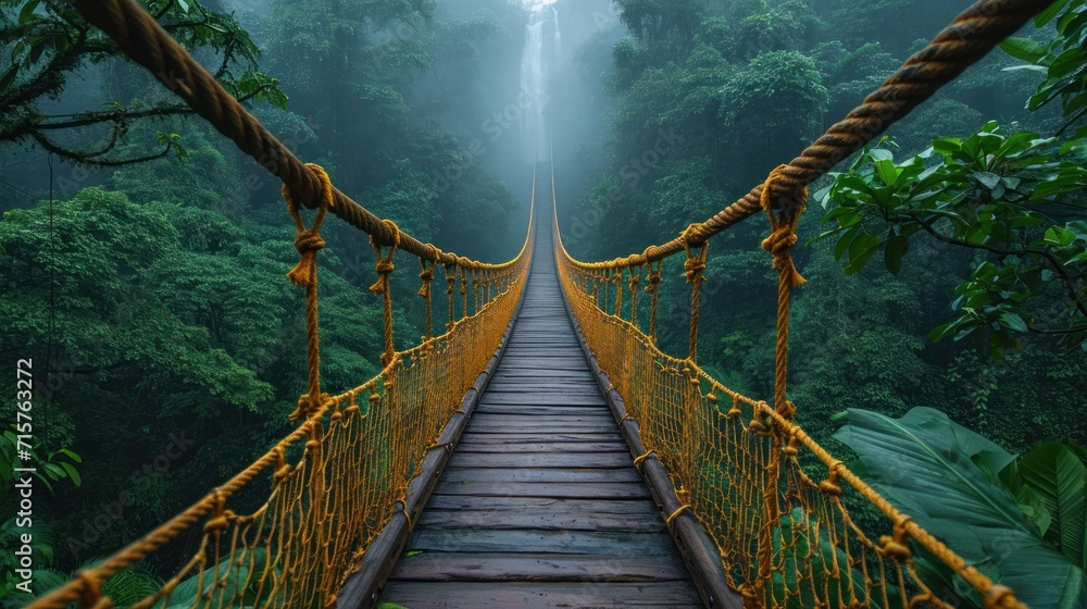 Poster a suspension bridge in the middle of a jungle with a waterfall in the background and fog in the air 