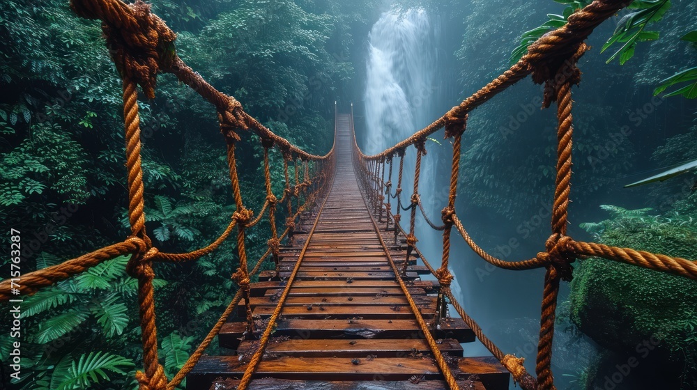 Aufkleber a rope bridge in the middle of a jungle with a waterfall in the background and a waterfall in the mi