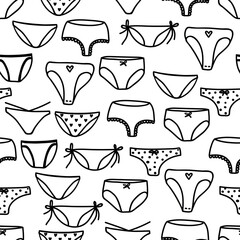 Seamless decorative pattern with women's panties in doodle style. Print for textile, wallpaper, covers, surface. Retro stylization.