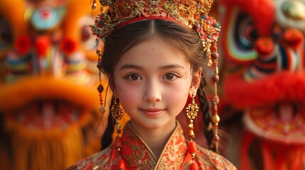 A Chinese young girl in traditional costumes with lion dancers, generative ai