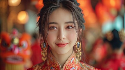 A Chinese young woman in traditional costumes with lion dancers. generative ai