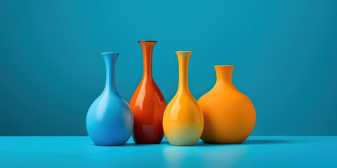 Three orange and blue vases on a blue background, concept of Abstract art