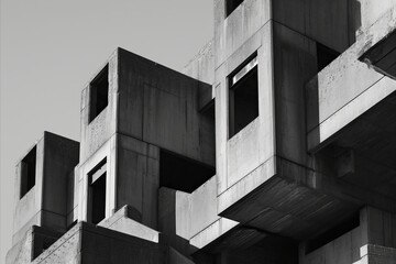 Monochrome image of a brutalist building, showcasing the stark geometric patterns and the interplay of light and shadow on concrete surfaces.