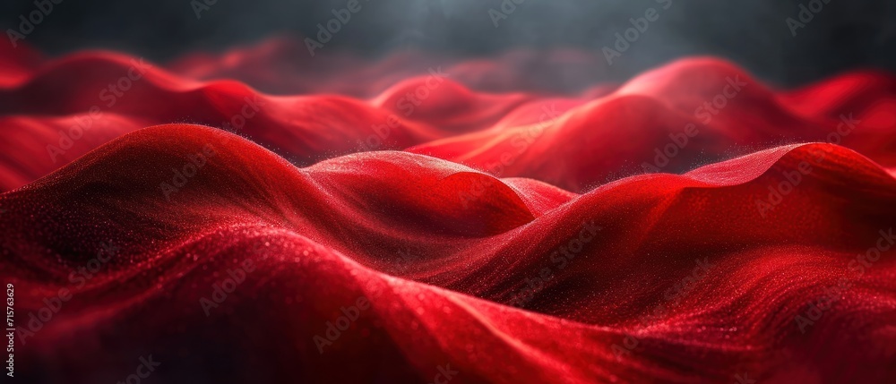 Poster a close up of a red cloth with a light coming out of the middle of the image and a fog in the middle