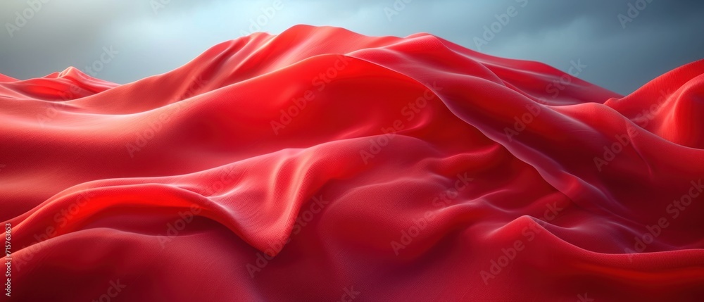 Poster a computer generated image of a red cloth blowing in the wind on a cloudy day with a blue sky in the