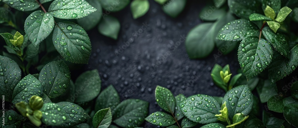 Poster a group of green leaves with drops of water on them on a dark background with space for a text or a 