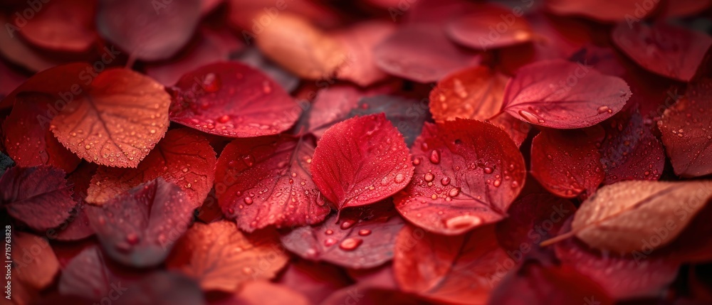 Poster a pile of red leaves with drops of water on the leaves and on top of the leaves is a dark background