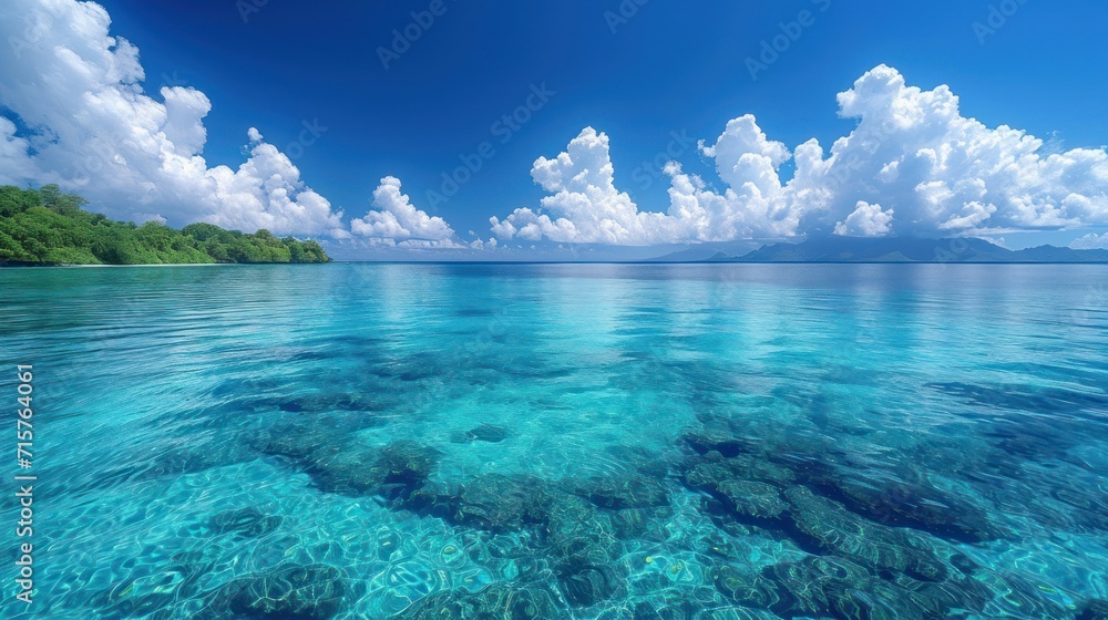 Poster a body of water with some clouds in the sky and a small island in the distance with trees on the oth