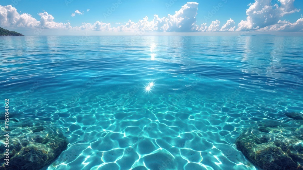 Poster a body of water with some rocks in the middle of it and some clouds in the sky above it and a small 