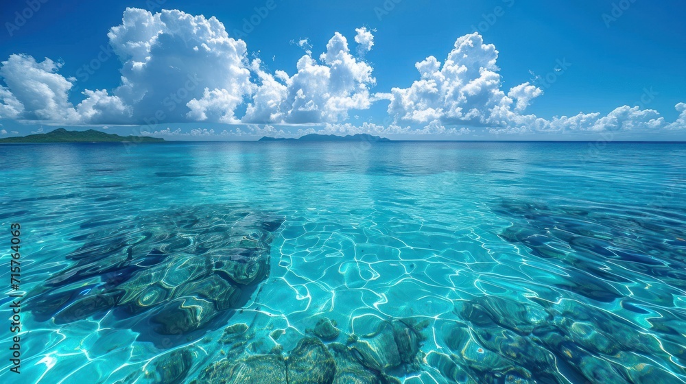 Aufkleber a body of water with rocks in the middle of it and a sky with clouds in the background and a small i