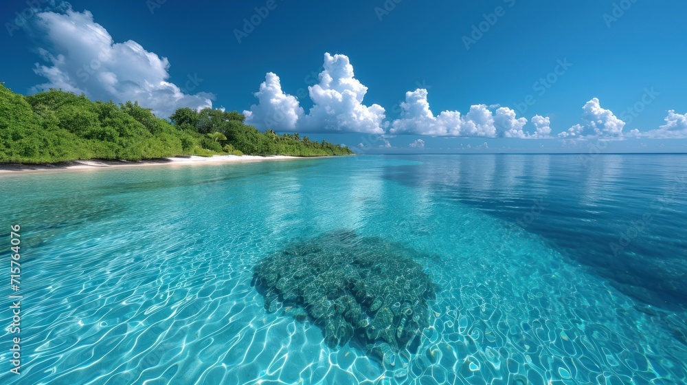 Poster a body of water with a rock in the middle of it and a beach in the distance with trees on the other 