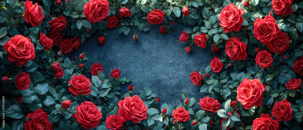 Poster a bunch of red roses that are in the shape of a heart on a blue background with a place for a text o