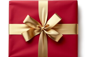 A red gift wrapped and adorned with a golden ribbon bow, displayed in an opened state, isolated on a transparent or white background