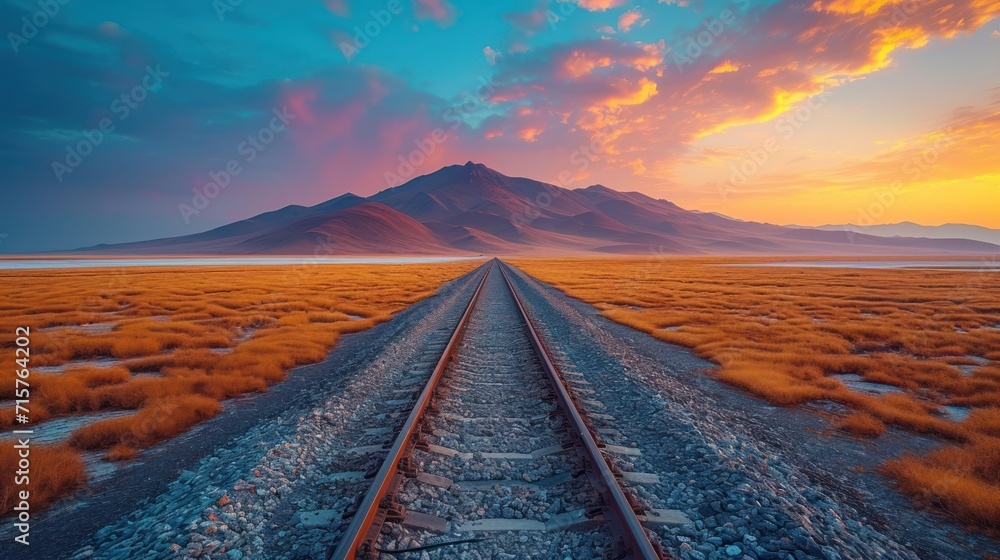Poster a train track in the middle of a field with a mountain in the distance in the distance in the distan