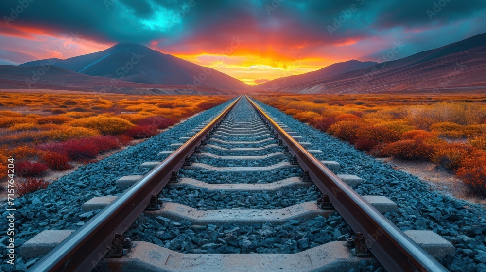 Poster a train track in the middle of a desert with mountains in the background and a sunset in the middle 