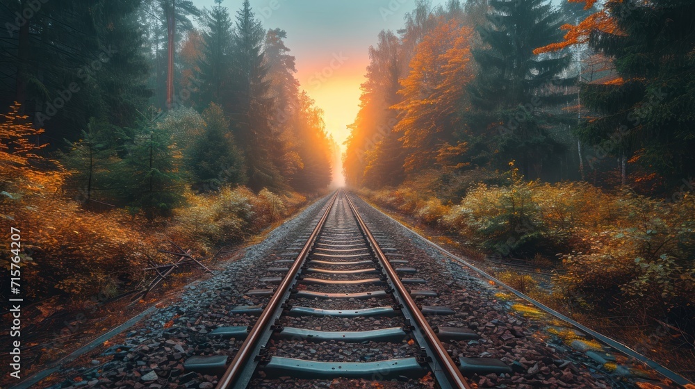 Aufkleber a train track in the middle of a forest with the sun shining through the trees on the other side of 
