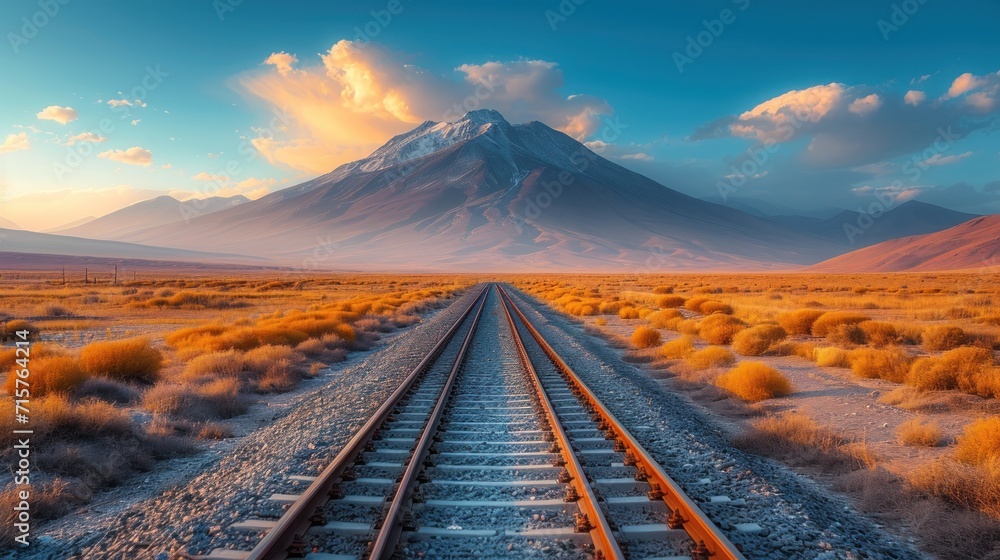 Poster a train track in the middle of a desert with a mountain in the background and clouds in the sky over
