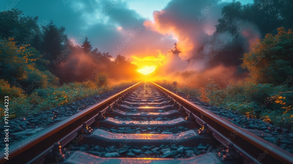 Poster a train track with the sun setting in the middle of the picture and trees on both sides of the train