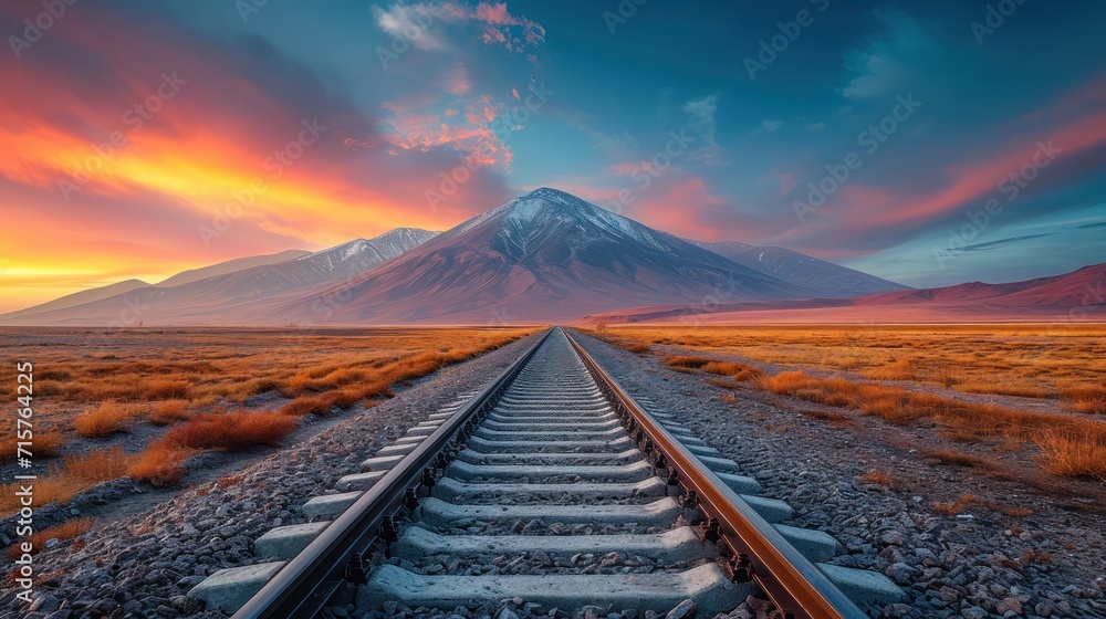 Poster a train track in the middle of a field with a mountain in the background and a sky filled with cloud