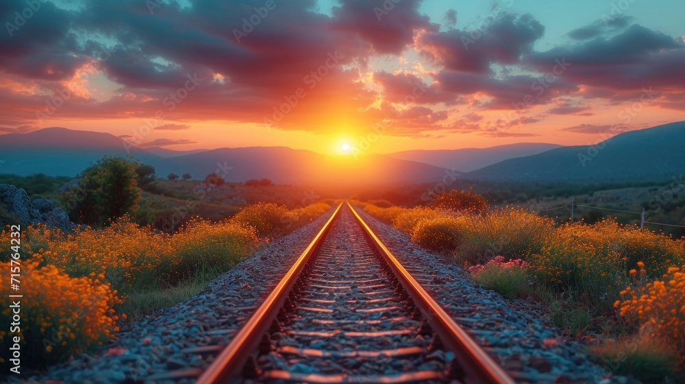 Aufkleber a train track in the middle of a field with the sun setting over the mountains in the distance with 